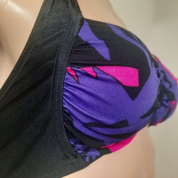 Vintage 90s High Cut Bikini Set Size XS Hot Pink Purple Black 2 Piece Halter - Picture 9 of 12
